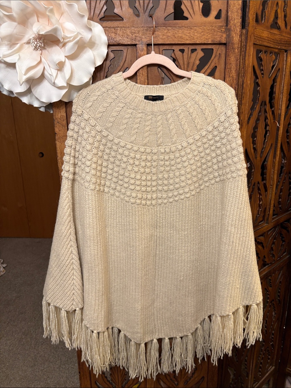 Frye Cream Fringe Knit Poncho
